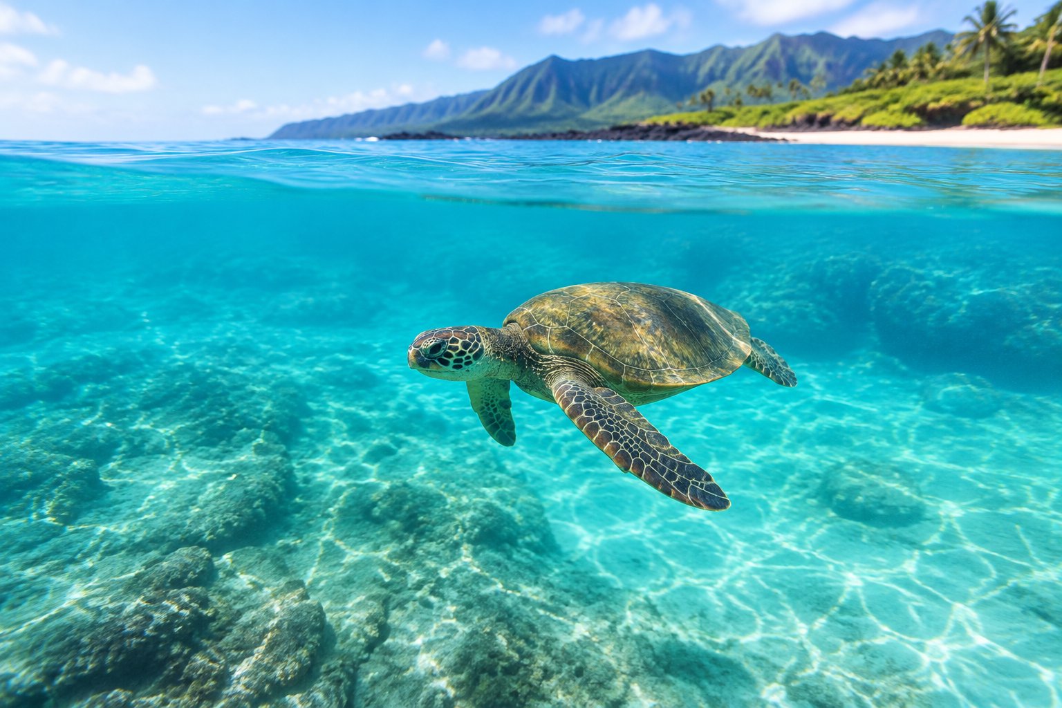 ハワイの透き通った浅瀬を泳ぐウミガメのイメージ